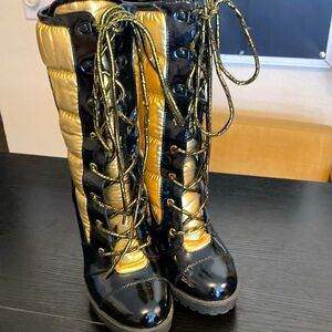 Baby Phat Black and Gold Boots with Heel, LaceUp, Size 6. Excellent Condition.
